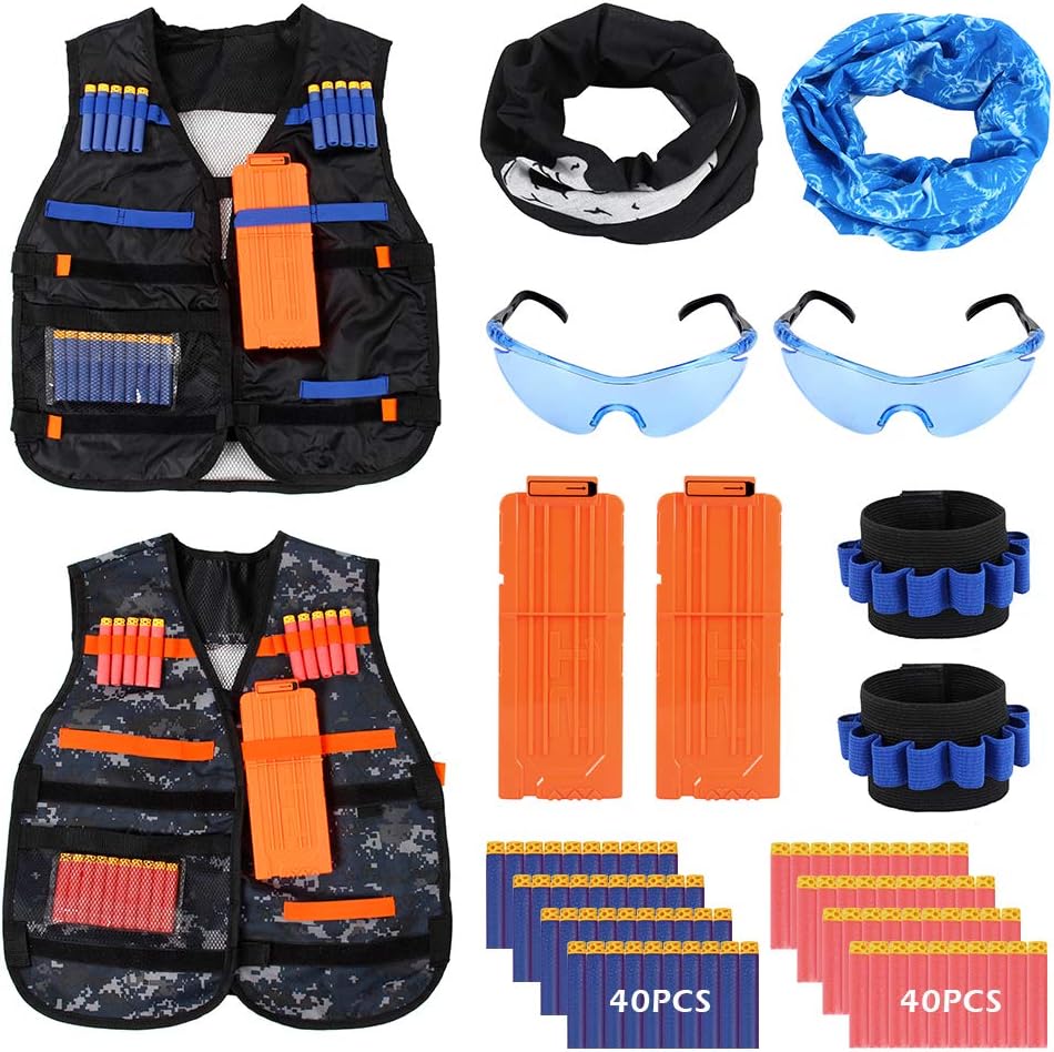 Dightyoho 2PCS Kids Tactical Vest Jacket Kit 90 Pcs for Nerf Guns N-Strike With Refill Darts Bullets + Quick Reload Clips + Bullet Wrist Bands + Vest + Scarf Mask + Protective Goggle