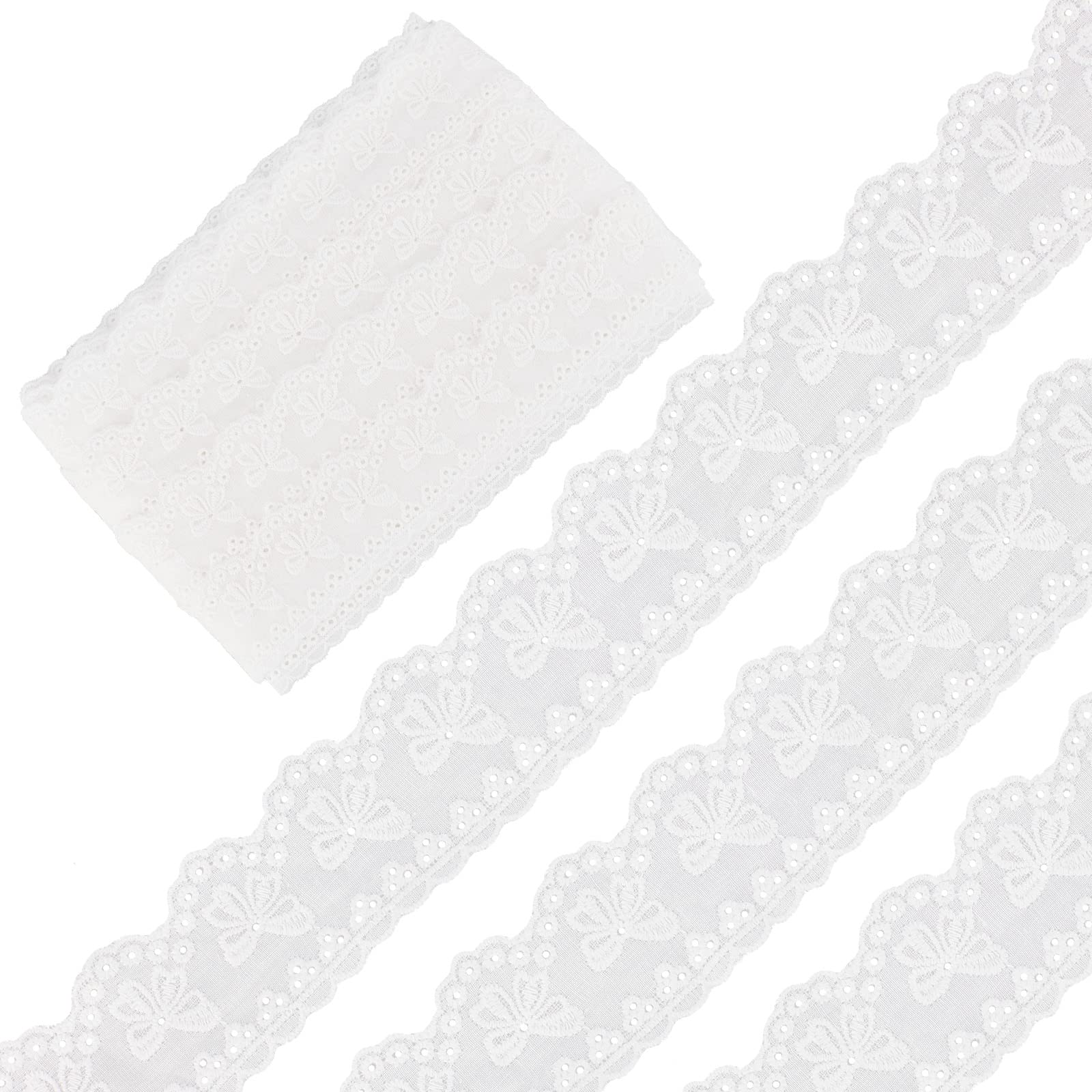 GORGECRAFT 22 Yards White Cotton Lace Trim Bowknot Embroidery Ribbon 1-5/8" Wide Eyelet Ruffle Flower Scalloped Sewing Trim Fabric Tablecloth for Dresses Clothes Clothes Wedding Decorations