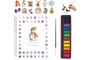 Kivzex Christmas Watercolor Workbook for Adults, Beginner Friendly Watercolor Painting Kit Winter Water Coloring Book, Nature-Themed Practice Art Gift Water Color Paint Book with Palette and Brush