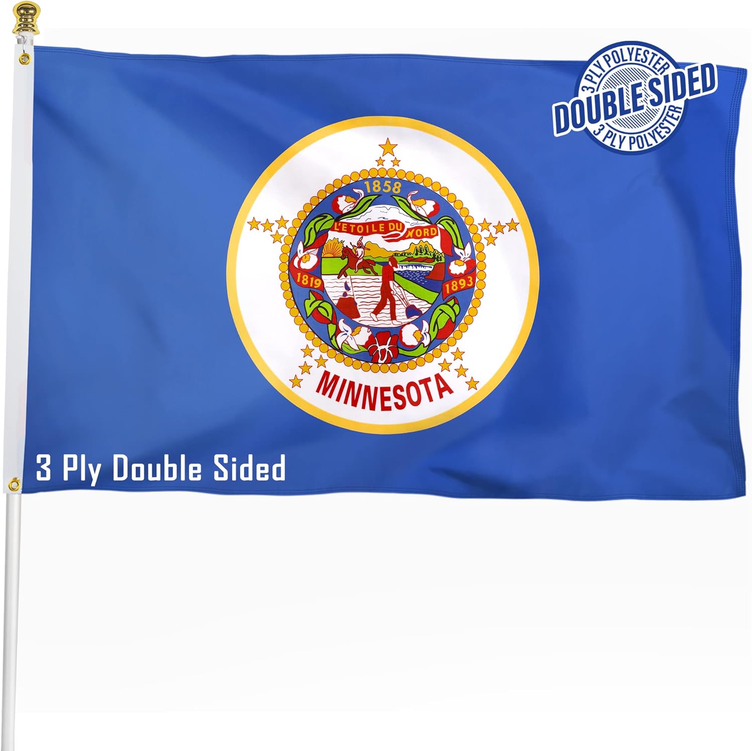 Flags - XIFAN Double Sided Minnesota State Flag 3x5 ft, Heavy Duty 3 Ply Durable Polyester, MN Flag with Vibrant Print/4 Rows Hemming/Brass Grommets for Indoor Outdoor Decor