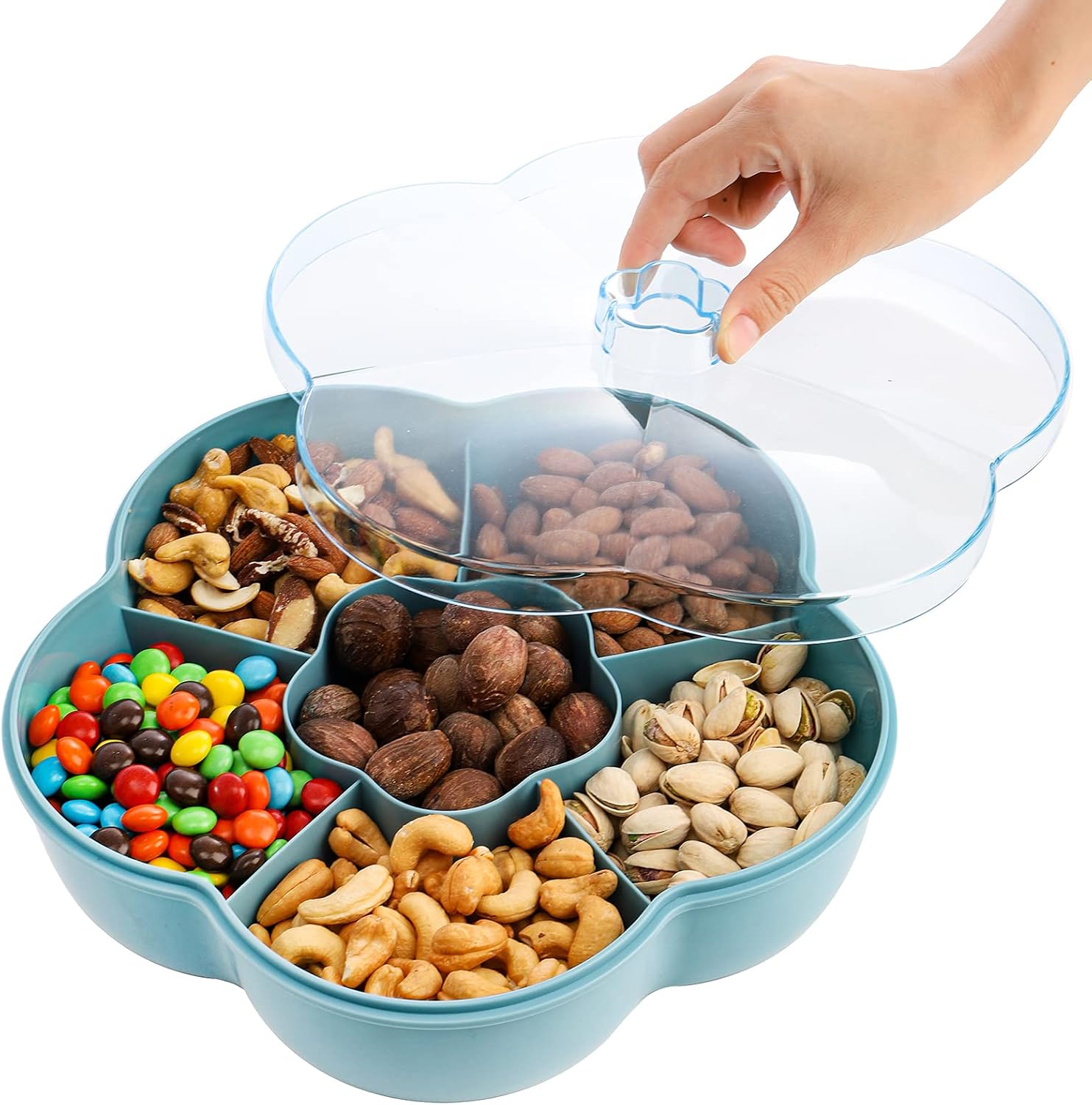 Yarlung 2 Pack 10 Inch Candy Nut Serving Container with Lid, Plastic Snacks Bowl 6 Compartment Dried Fruit Plate Organizer, Appetizer Tray, Food Storage Dish Platter, Flower Shaped, Red & Blue: Kitchen & Dining