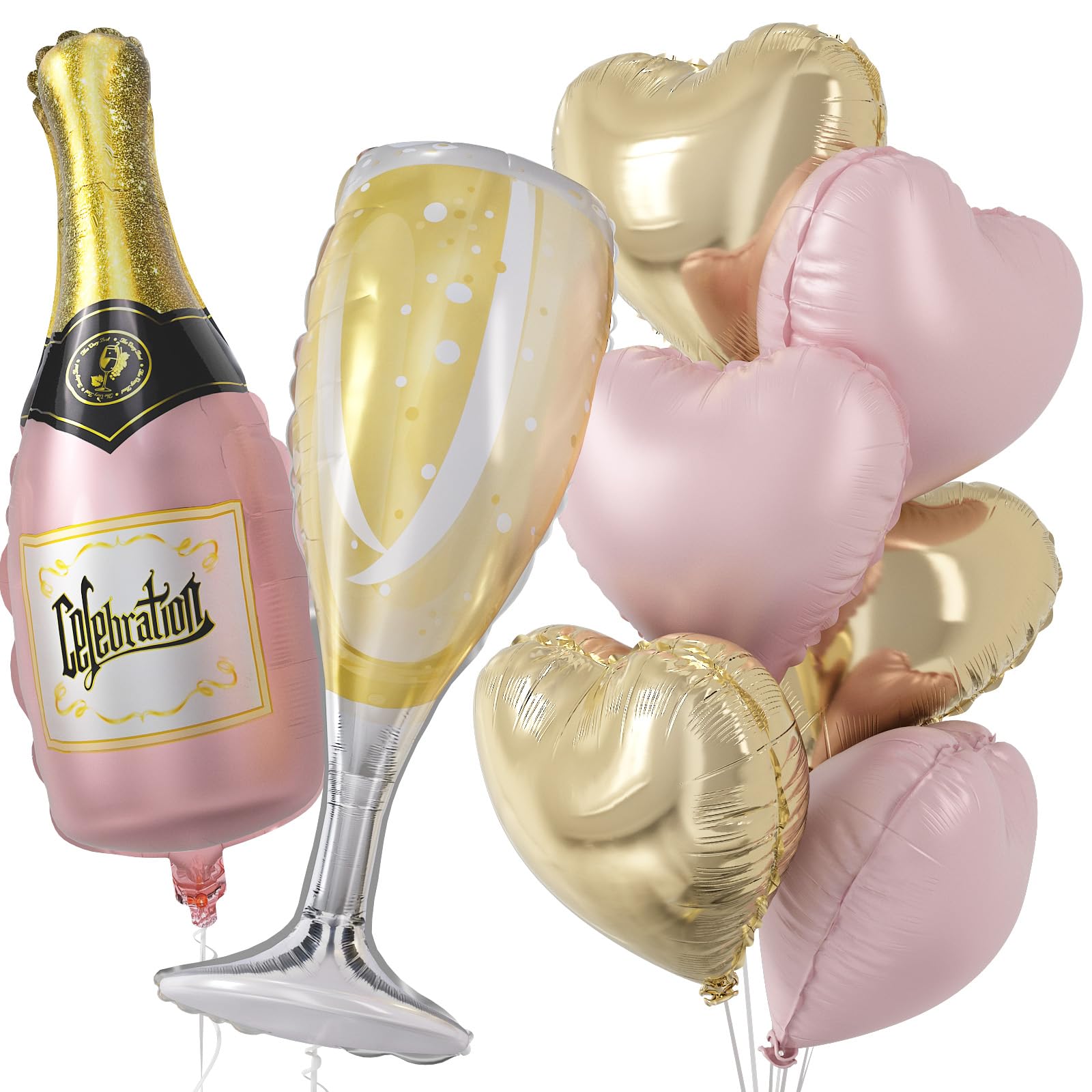 Baby Pink Gold Heart Balloons with 37inch Champagne Bottle Glass Foil Balloons, Helium Light Gold Pink Heart Shaped Wine Balloon for Girls Women Birthday Baby Shower Bridal Wedding Valentines Decor