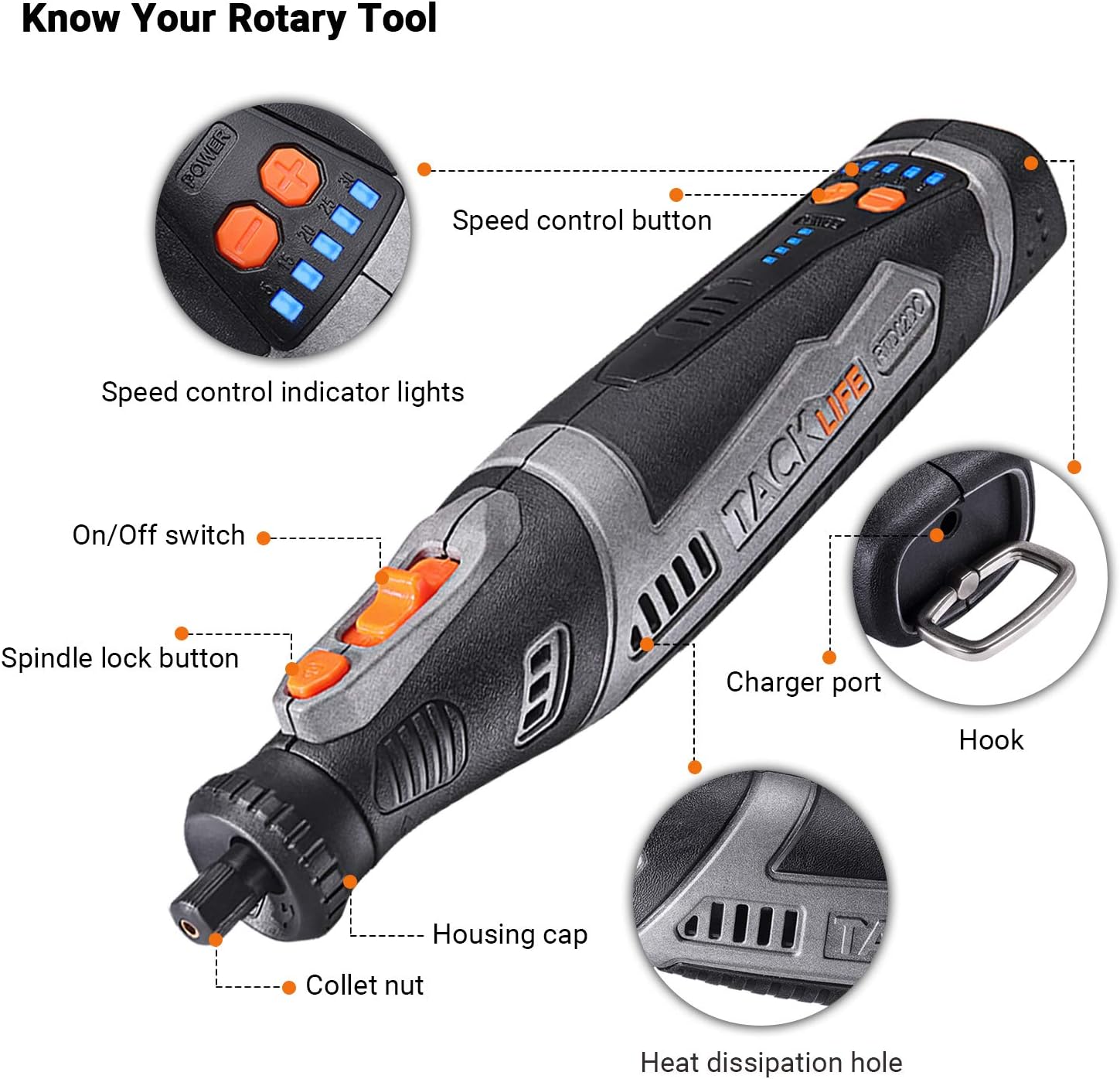 TACKLIFE Cordless Rotary Tool Powerful 8V Motor 2.0 Ah Li-ion Battery with 43 Accessories and Shield Attachment, Long Endurance Power, Perfect for Sanding, Grinding, Cutting and Engraving-RTD02DC - - 