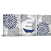 RnnJoile 3 Pieces Rustic Floral Canvas Wall Art Dahlia Relax Soak Unwind Painting Artwork for Home Bathroom Decor Navy Blue Flower Picture Print Framed Ready to Hang Each Piece 12x16 Inch