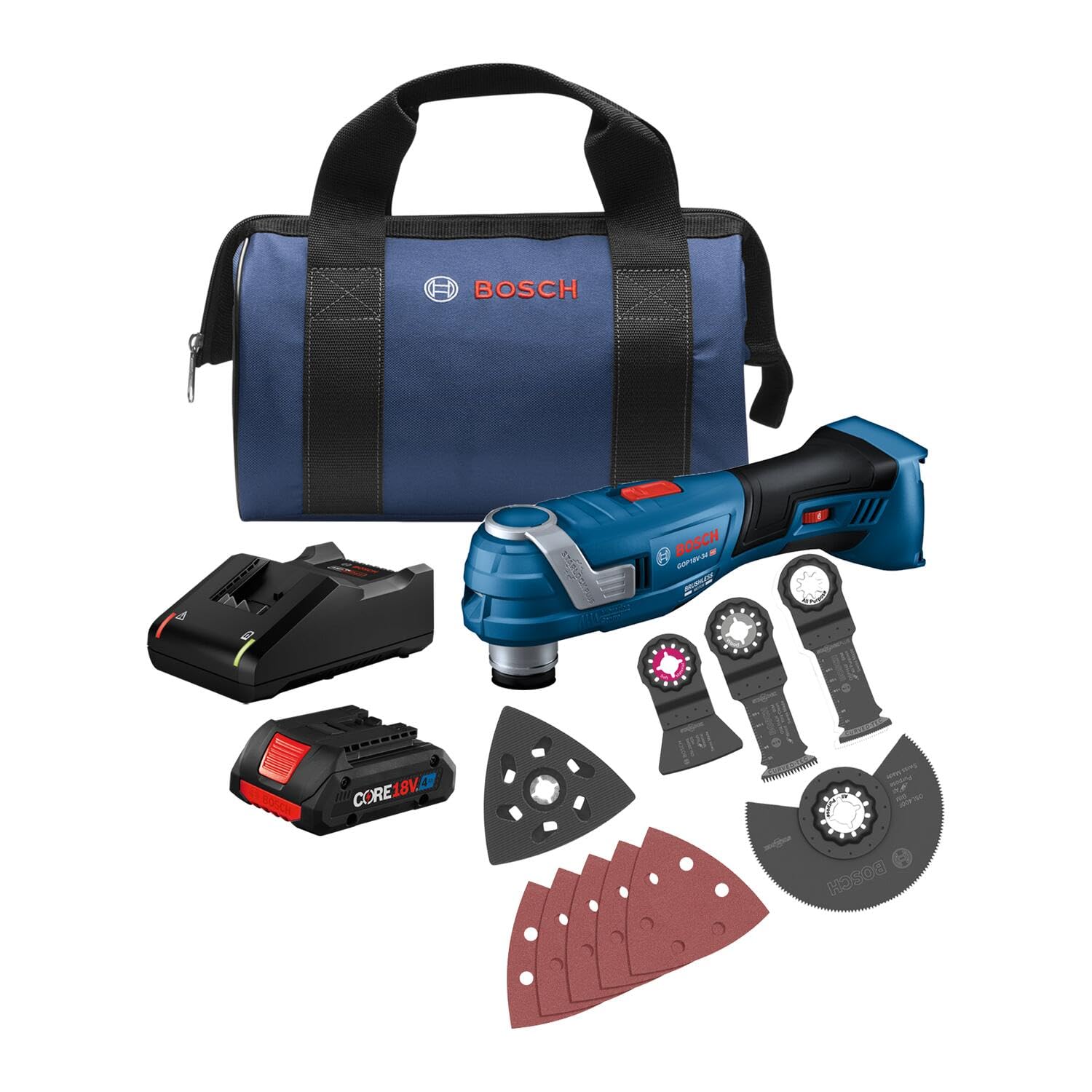 BOSCH GOP18V-34B14 Kit multiherramienta oscilante StarlockPlus® sin escobillas de 18 V con (1) batería de potencia avanzada CORE18V® de 4 Ah