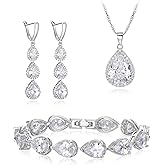 EleQueen Water Drop Pendant Necklace Long Dangle Earrings Tennis Bracelet Set, Sparkle Cubic Zirconia Teardrop Wedding Jewelry Sets for Bride Bridesmaid