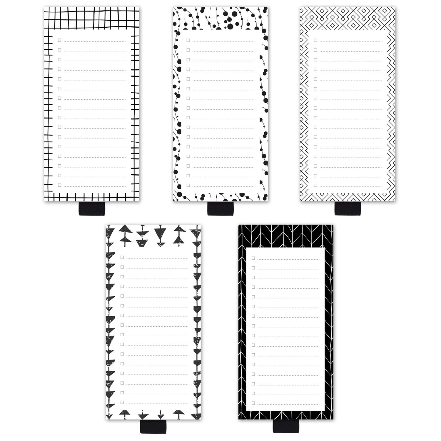 5 Pack White Black Pattern Magnetic Notepads with Pen Holder,for Grocery, Shopping and to Do Lists with Checkbox,Note Pad for Refrigerator 3.3" x 7",50 Sheets