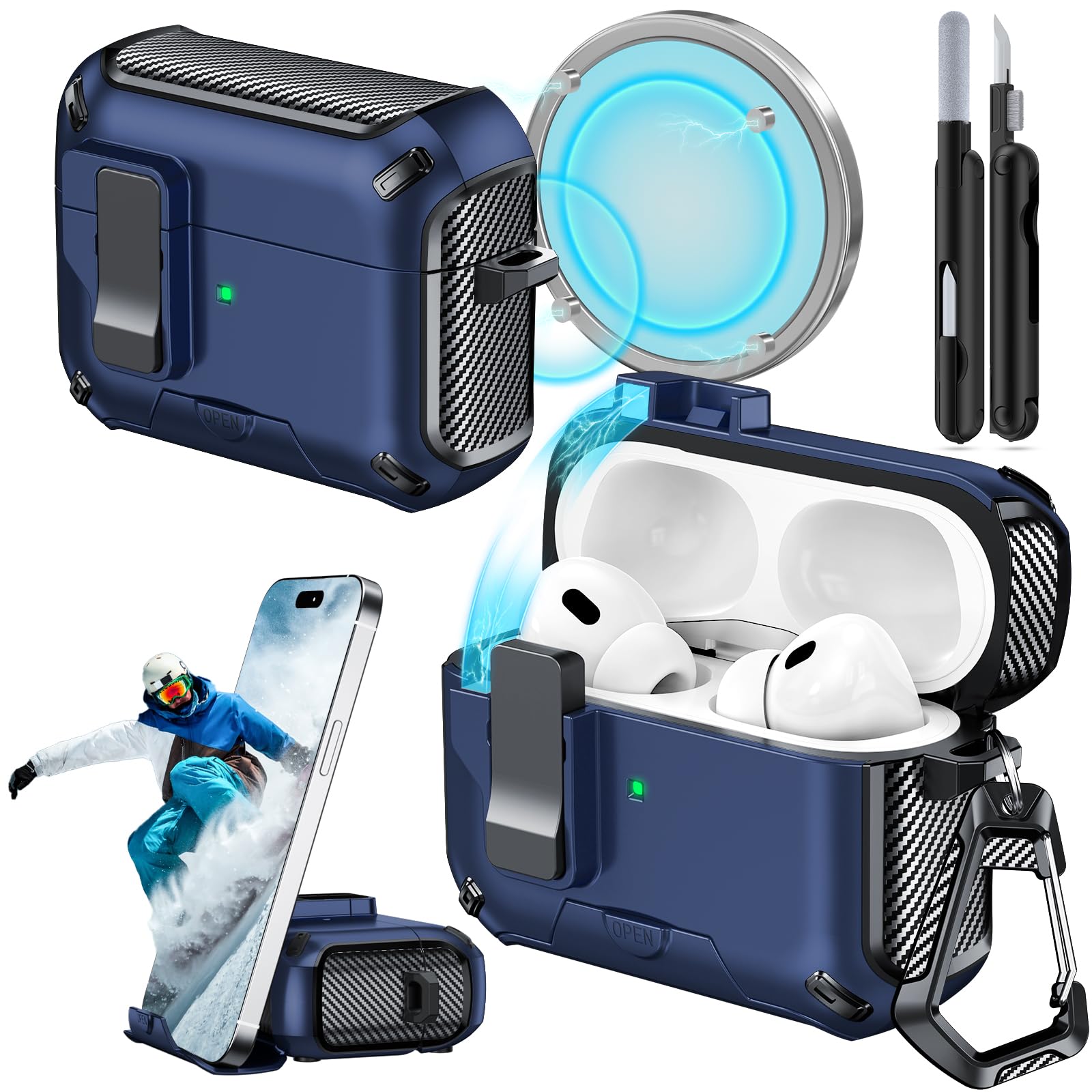 Photo 1 of *** FACTORY SEALED *** JOREMX for AirPods Pro 2nd/1st Case (2023/2022/2019) with Phone Stand,?with Automatic Snap Switch? Carbon Fiber Design Protection Cover with Cleaning Pen,Blue