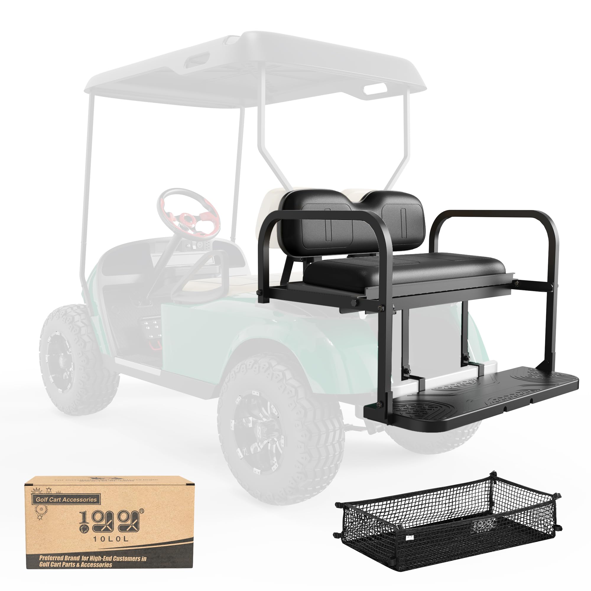 Photo 1 of 10L0L Golf Cart Rear Flip Folding Back Seat Kit for EZGO TXT Freedom 1995-Up, Deluxe Rear Seat Assembly Roof Support with Cargo Net Leather Cushion and Back Cushion Set
