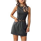 MakeMeChic Women's Denim Mini Dress Crew Neck Sleeveless Summer Cowboy Vintage Short Dresses