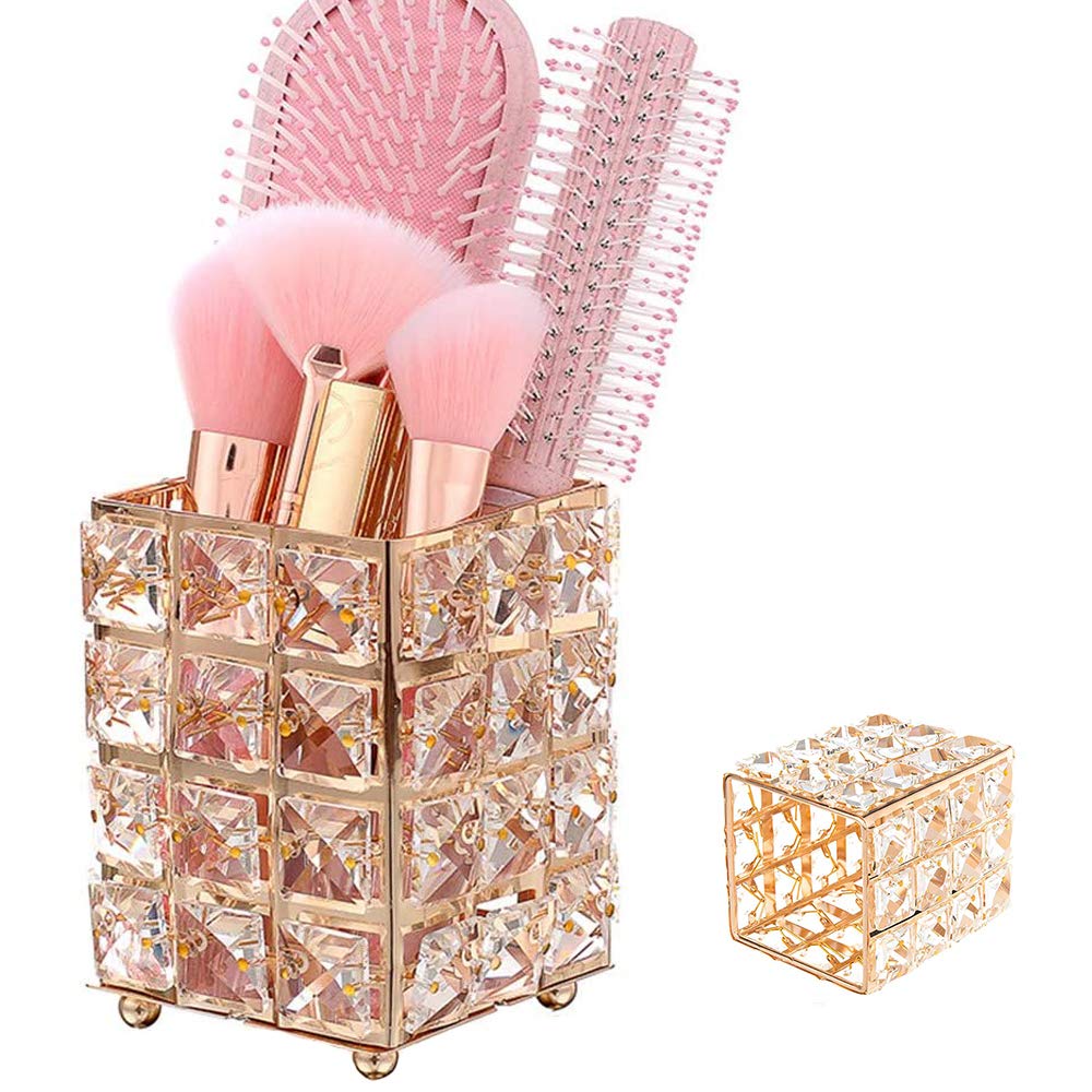 Crystal Gold Luxury Makeup Brush Organizer - Square Crystal Elegant Holder for Lip Liners, Eye Liners, Makeup Pads