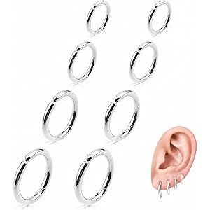 8 Pieces Silver Clip on Earrings Non-Piercing Fake Hoops for Men Women, Cool Stainless Steel Clip on Earring Unisex Hoop Ear
