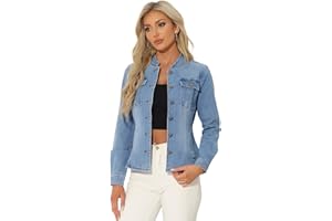 Allegra K Casual Denim Jacket for Women's Classic Stand Collar Long Sleeve Jean Jacket