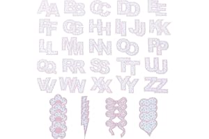 letsinstyle 60 Pcs Floral Fabric Self Adhesive Letter Patches, Pink A-Z Alphabet Stick on Patch, Embroidered Heart Lightning 
