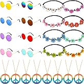 Frienda 24 Pcs Hippie Costume Accessories Set Boho Peace Sign Necklaces Daisy Sunflower Headbands Retro Sunglasses 60s 70s Party Favors Decor for Groovy Party Girls Birthday Supplies