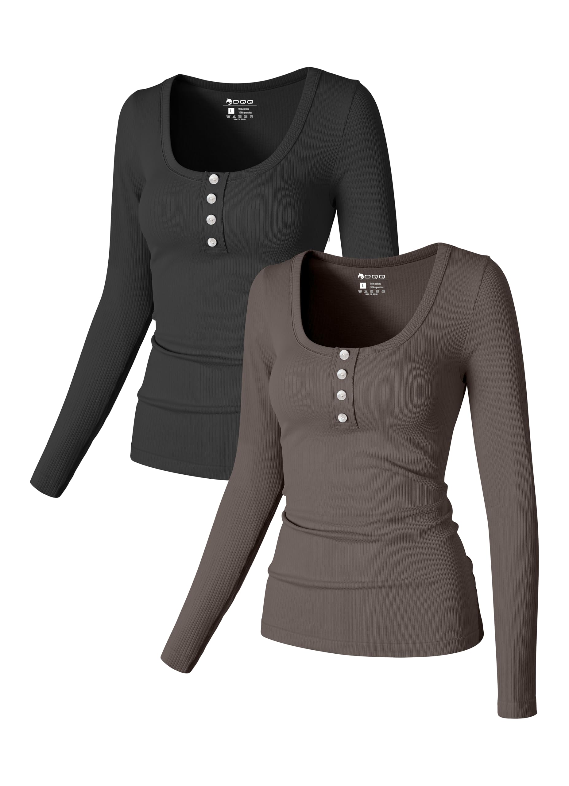 Photo 1 of Large---OQQ Womens 2 Piece Long Sleeve Tops Seamless Ribbed Button Stretch Tee Shirts Tops Black Tea Leaf