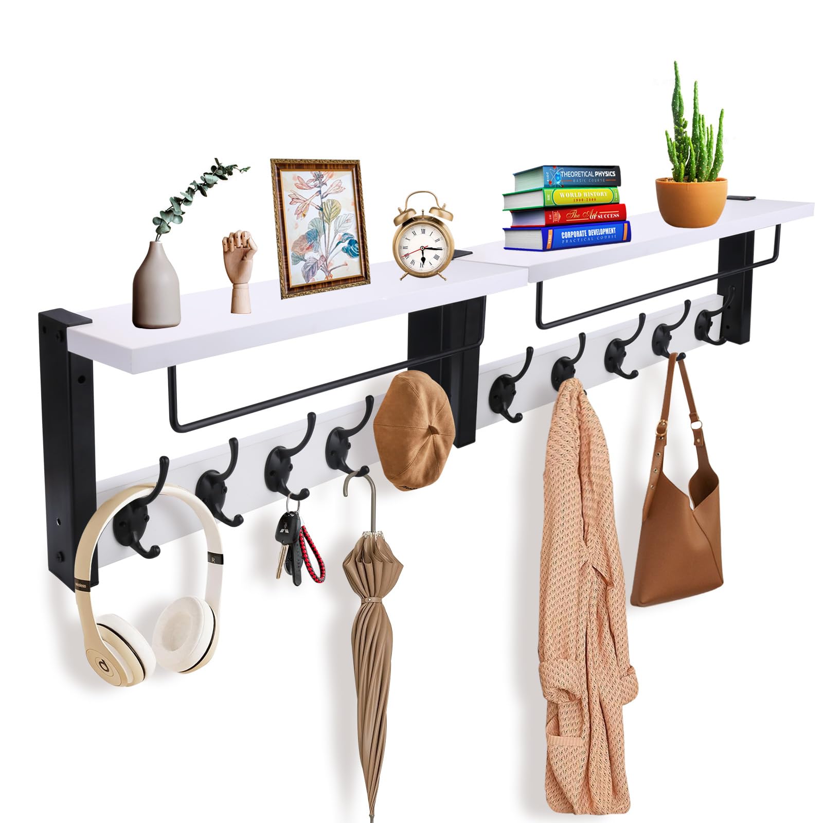 BSTHOK Wall Mounted Coat Rack with Shelf, 44cm, Metal Hooks, Rustic Wood, for Bathroom, Bedroom, Living Room (Rustic Brown-2pack) (White-2pack)