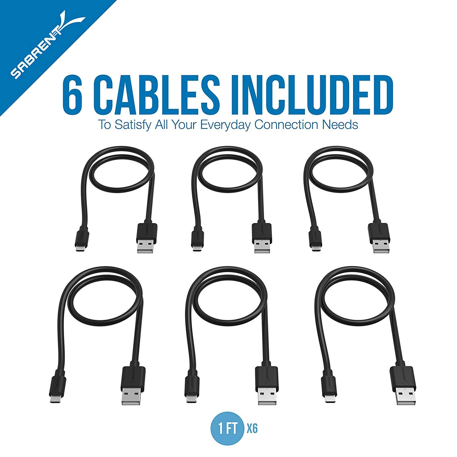 SABRENT [6-Pack 22AWG Premium 1ft Micro USB Cables High Speed USB 2.0 A Male to Micro B Sync and Charge Cables [Black] (CB-UM61)