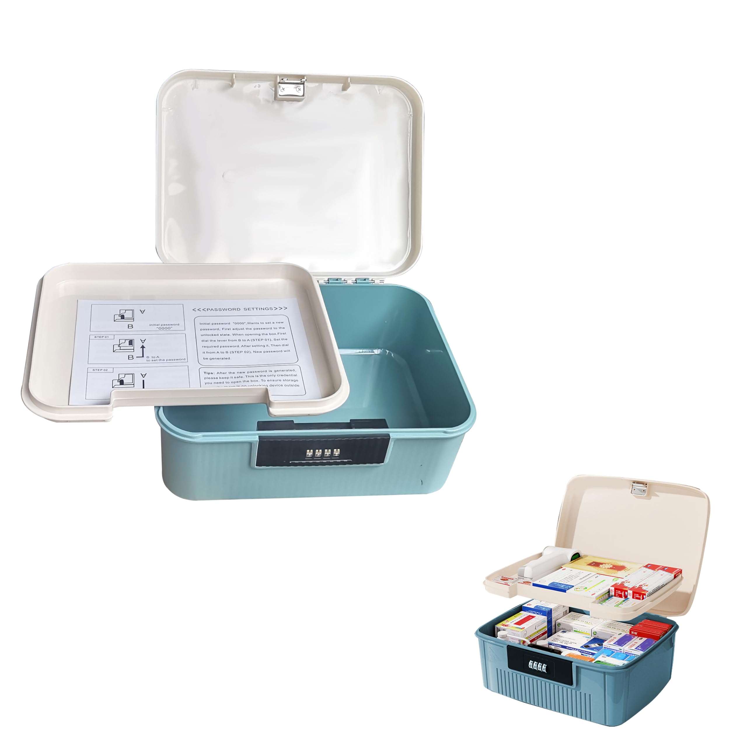 BGTODO Lockable Medicine Organizer Box, 20 x 25 x 10 cm, First Aid Storage Empty Box with Combination Locks (Blue)
