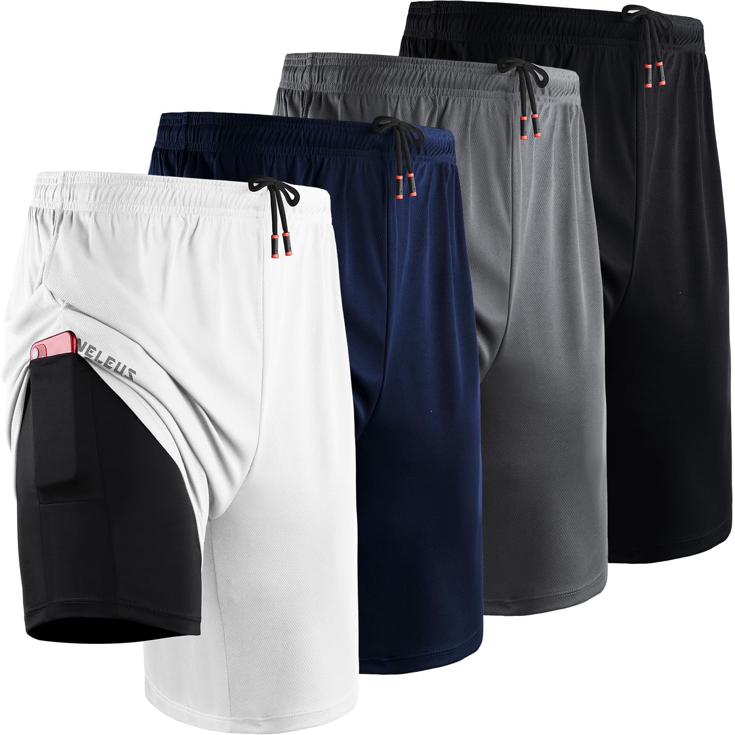 Photo 1 of NELEUS 2 in 1 Athletic Shorts for Men 9" Dry Fit Workout Running Shorts with Pockets,6150,4 Pack,Black, Grey, Navy, White,L