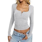 EasyGala Womens Cotton Long Sleeve Henley Shirts Sexy Square Neck Tops Slim Fit T-Shirt Trendy Outfits Fall Clothes 2026