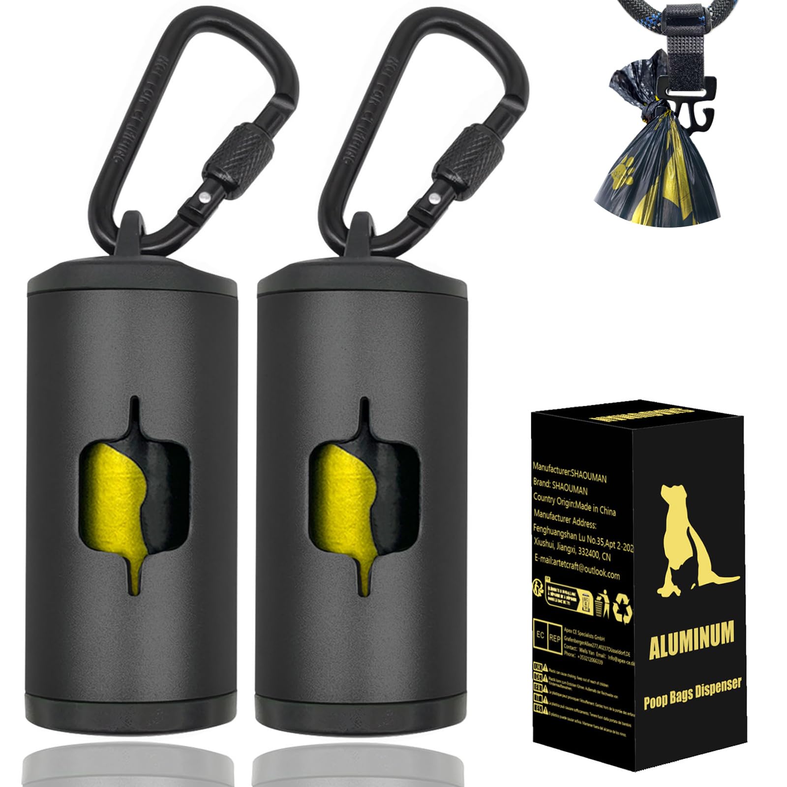 SHAOUMAN Metal Dog Poop Bag Holder Aluminum Poo Bags Dispenser with Pet Waste Bags 3 Leash Clasp and Elastic Rope for Used Bags (Dark, 2 Holders 30 Bags)