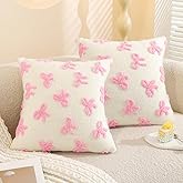 YDBDAT Coquette Room Decor Bow Throw Pillow Covers Embroidered Pillow Covers 18x18 Set of 2 Christmas Cute Bowknot Decoration Pillow Cases for Home Bedroom Couch Dorm Pink