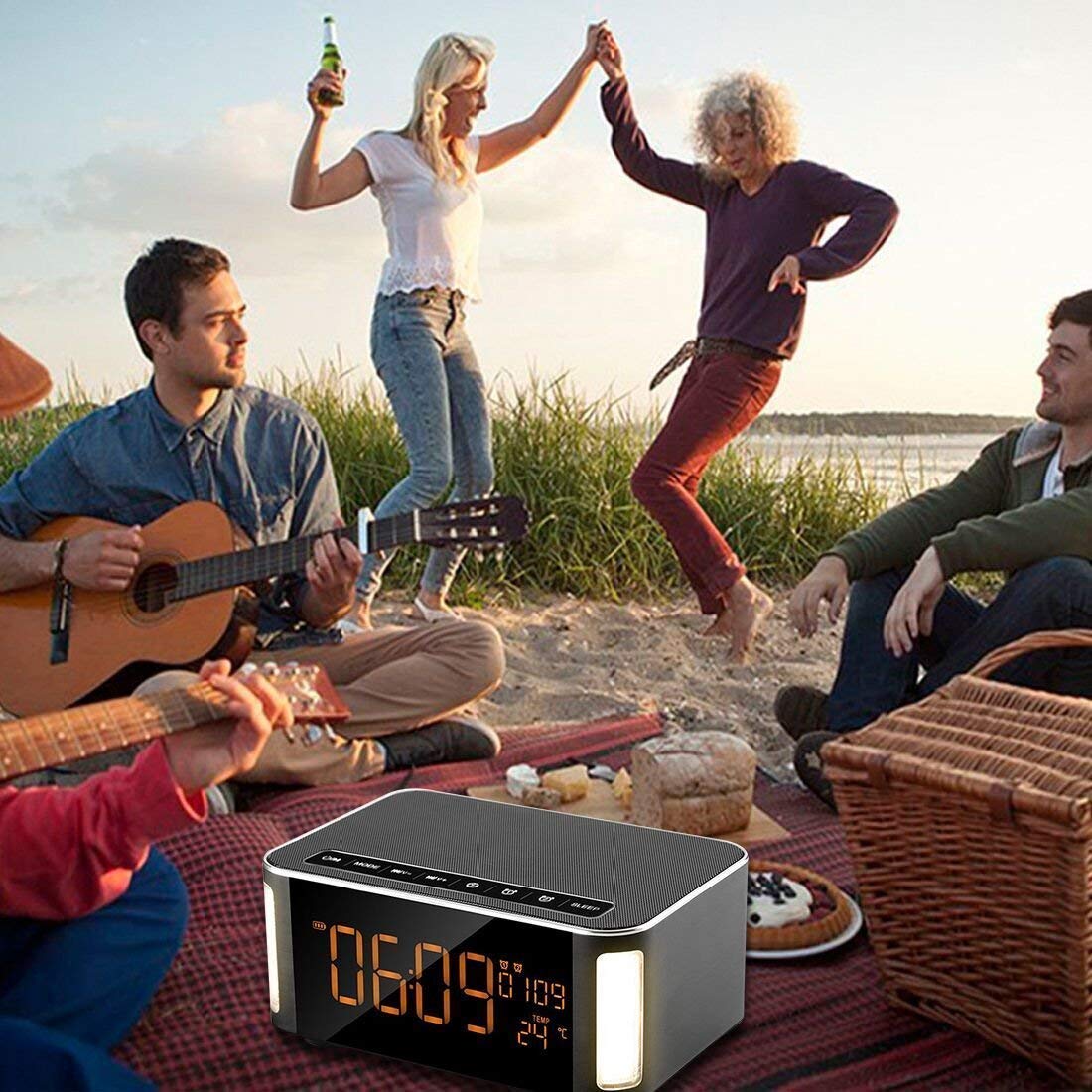 Portable Bluetooth Speaker,XPLUS 4.2 Outdoor/Indoor Stereo Hi-Fi Speaker with Led,FM,Hands-Free Phone Calling,Two Passive Subwoofers,Time,Temperature,Two Alarm Clock,Great for Party,Traveling