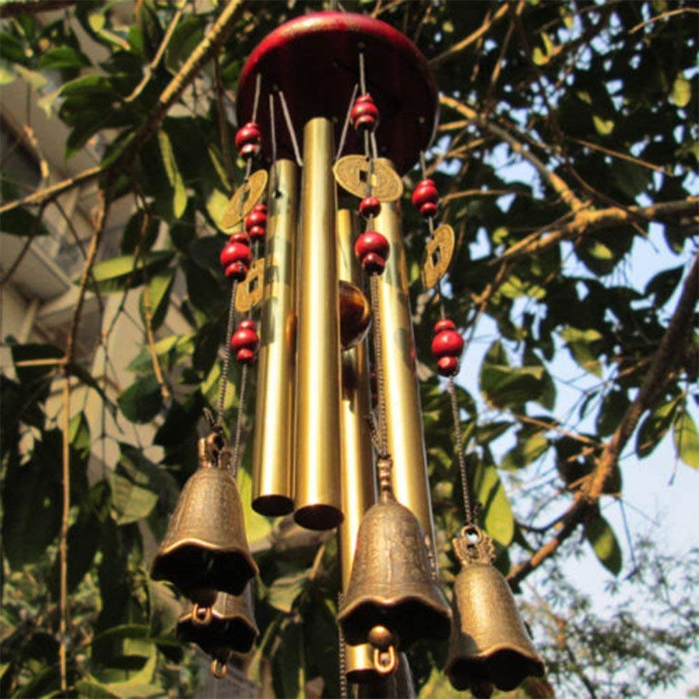 Wind Chime, Wish You Prosperity: Traditional Chinese Amazing 4 Tubes 5 Bells and Wooden Base Bronze Windchime for Outdoor Patio, Garden and Interior Decor