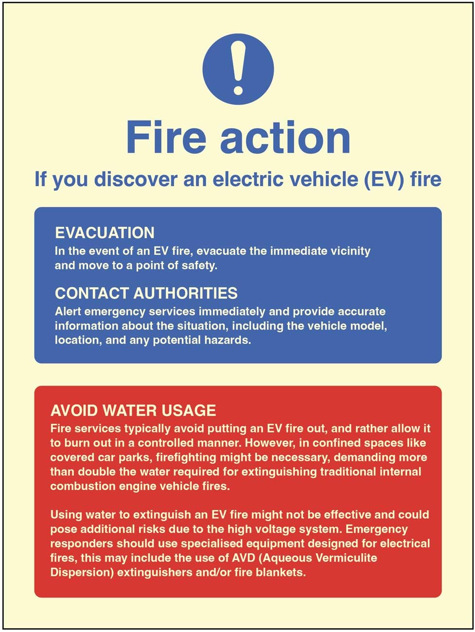 Fire action notice - electric vehicles (rigid glow in the dark safety sign)