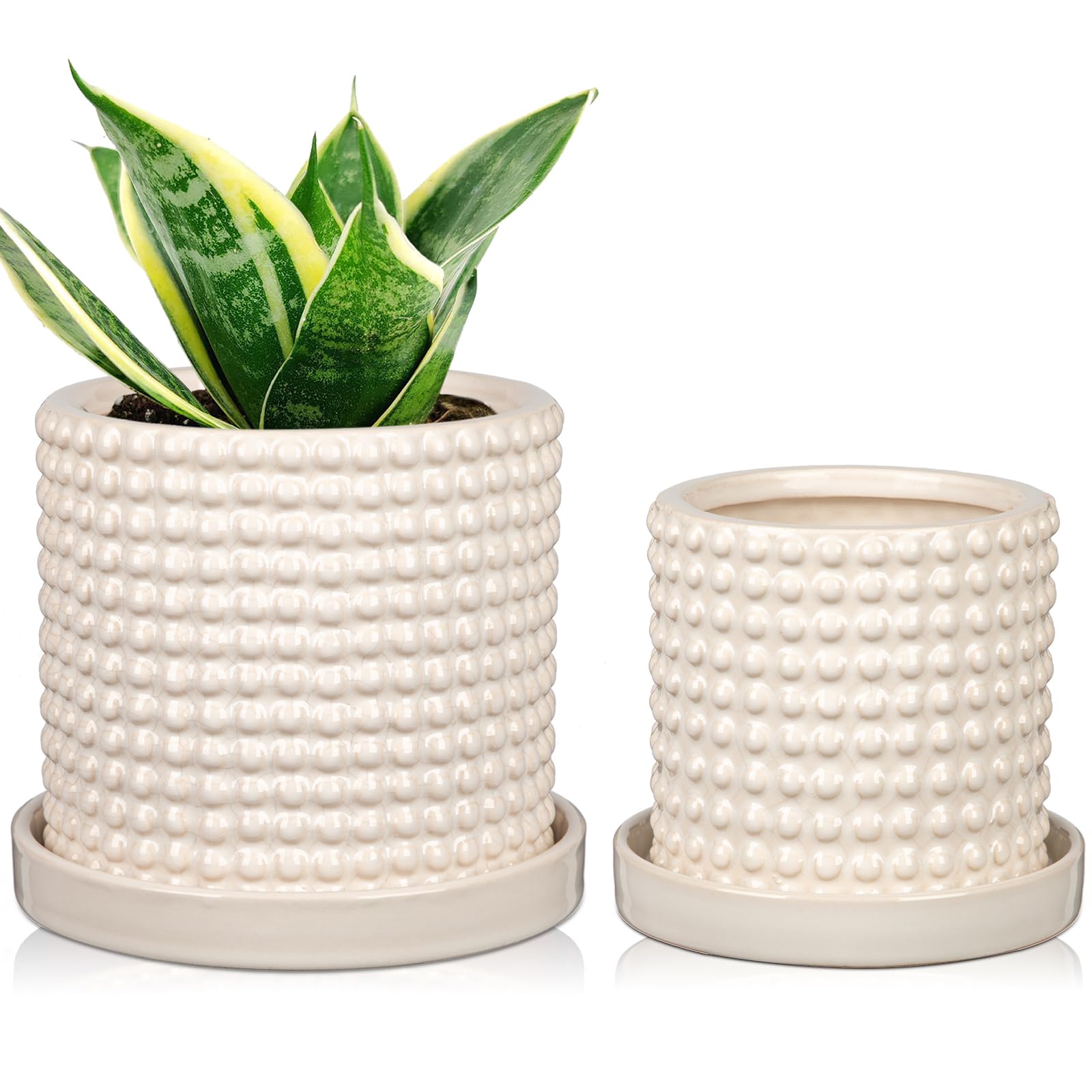 Oairse Ceramic Plant Pot 15CM + 11CM Bubble Ceramic Planter with Drainage Holes White Flower Pots Beaded Design Decorative Plant Pots Indoor pour Cactus Snake Plant Houseplant