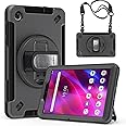 Junfire Shockproof Case for Lenovo Tab M8 4th Gen 2023, Heavy Duty Rugged Case with 360°Rotatable Kickstand/Hand Strap/Stylus Holder for TB-300FU/TB-300FX, Black