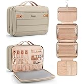 COOSKY Women's Hanging Toiletry Bag, Waterproof Travel Cosmetic Organizer with Jewelry Storage, Large Capacity Makeup Case for Full-Size Skincare & Bathroom Essentials, Portable Cosmetic kit, Khaki