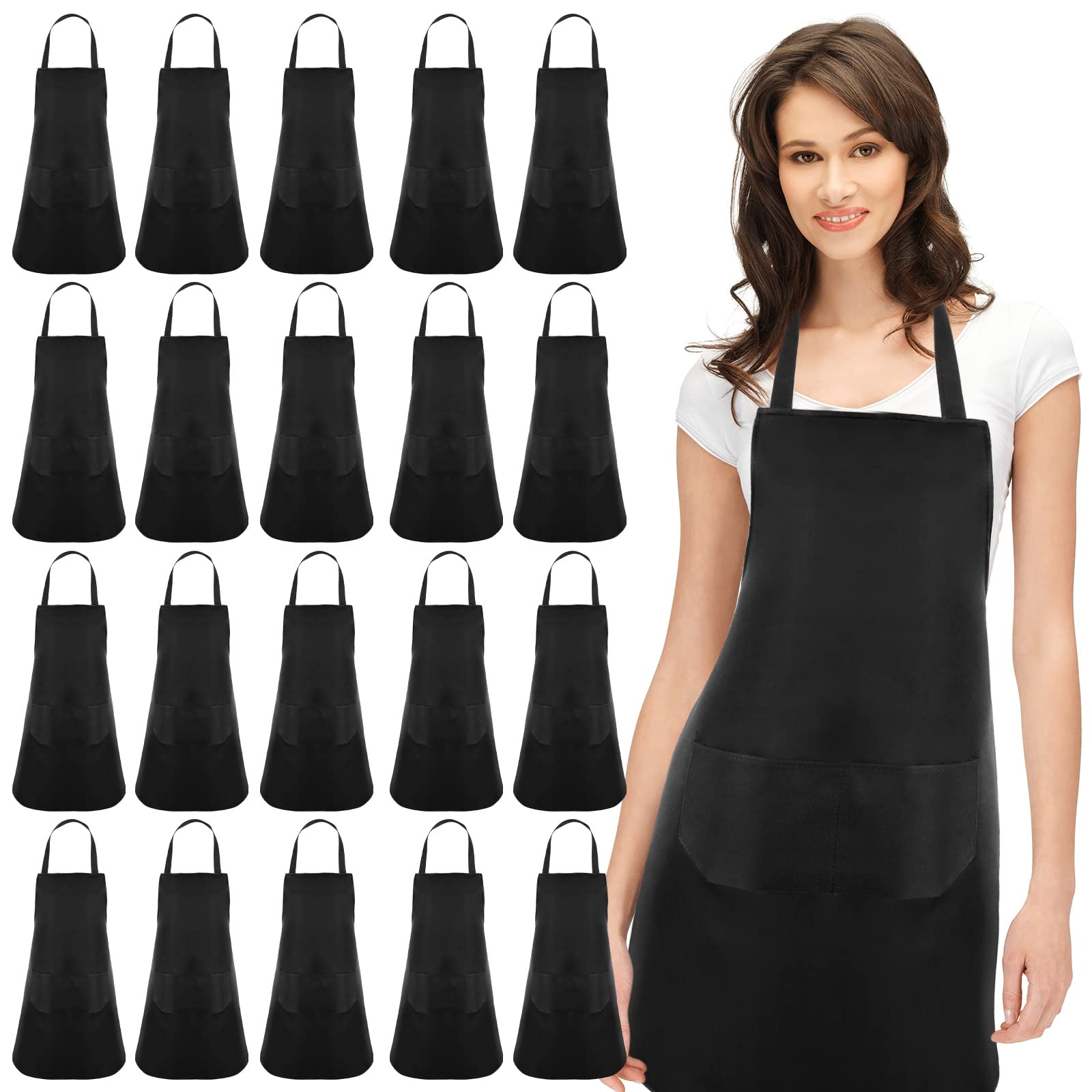 Geosar 20 Pcs Unisex Chef Aprons for Men Adjustable Bib Apron with 2 Pockets Cooking Aprons for Women for Kitchen Restaurant Coffee House Home School Gardening Baking BBQ, Black