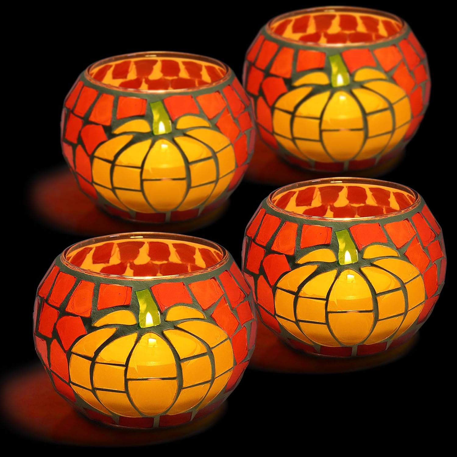 Candles & Holders - 4 PCS Pumpkin Candle Holders, Fall Table Centerpiece Decorations, 100% Mosaic Glass Votive Tealight Candle Holders for Thanksgiving Halloween Indoor Outdoor Decor