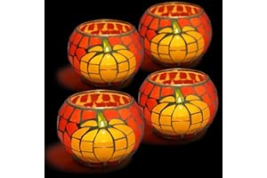SHMILMH 4 PCS Pumpkin Candle Holders, Fall Table Centerpiece Decorations, 100% Mosaic Glass Votive Tealight Candle Holders for Thanksgiving Halloween Indoor Outdoor Decor