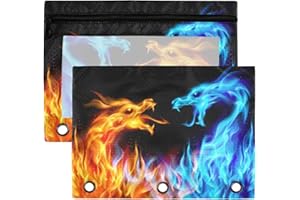 Kcldeci Pencil Pouch for 3 Ring Binder, Red Blue Fire Dragon 2 Pack Binder Pencil Pouch with Clear Window Pencil Bags with Zipper Pencil Case for Binder