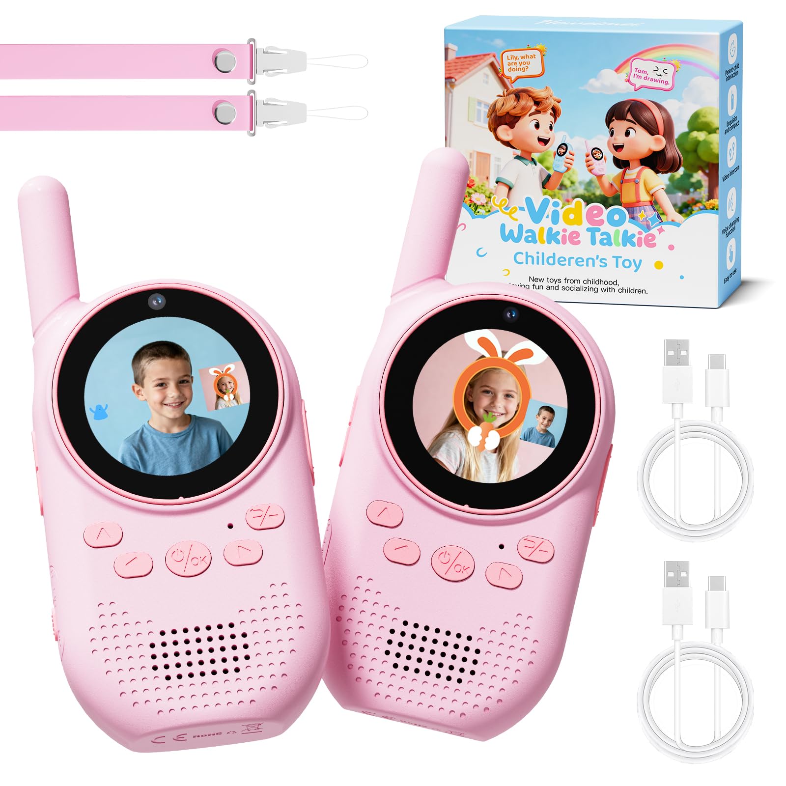 HEWEIMEI Video Walkie Talkies for Kids, Rechargeable Kids Walkie Talkies with Screen Display & Voice Changer, Outdoor Toys for 3-12 Years Boys Girls Birthday Christmas (Pink&Pink)