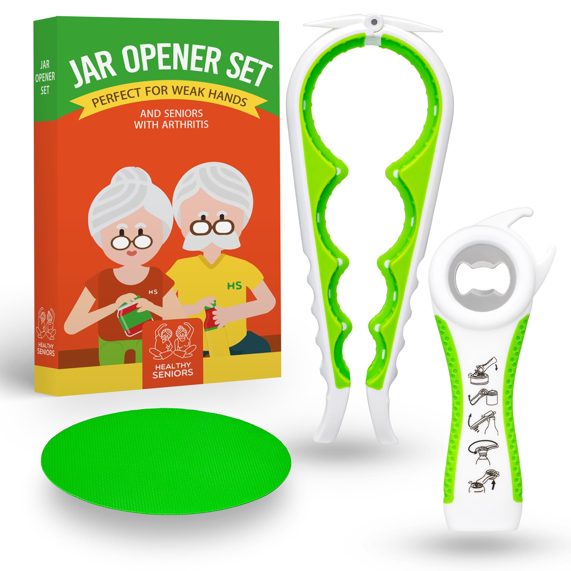 Jar Opener For Seniors With Arthritis, Easy Twist Jar Opener For Weak Hands, Multi-Function Bottle Opener For Arthritic Hands With Rubber Jar Opener Gripper Pad (Pea Green)