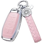 SHANGHONG for Ford Key Fob Cover with Keychain, Leather Crystal Key Case Protector Compatible with Ford Fusion Mustang F150 Edge Explorer Lincoln MKZ MKC MKX Smart Remote Key, Pink