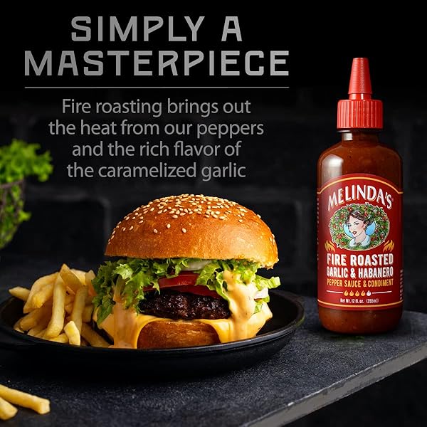 MELINDA’S FIRE ROASTED GARLIC & HABANERO HOT SAUCE – MADE WITH SLOW ROASTED GARLIC, FRESH PEPPERS, LIME JUICE – RICH & SMOKY HABANERO HOT SAUCE 12OZ, 1 PACK