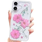 CEOKOK for iPhone 16 Case Cute Clear with Dry Real Floral Design Bling Glitter Sparkly Aesthetic Soft TPU Slim Shockproof Protective Women Girl Girly Blue Pink Flower Phone Case for iPhone 16