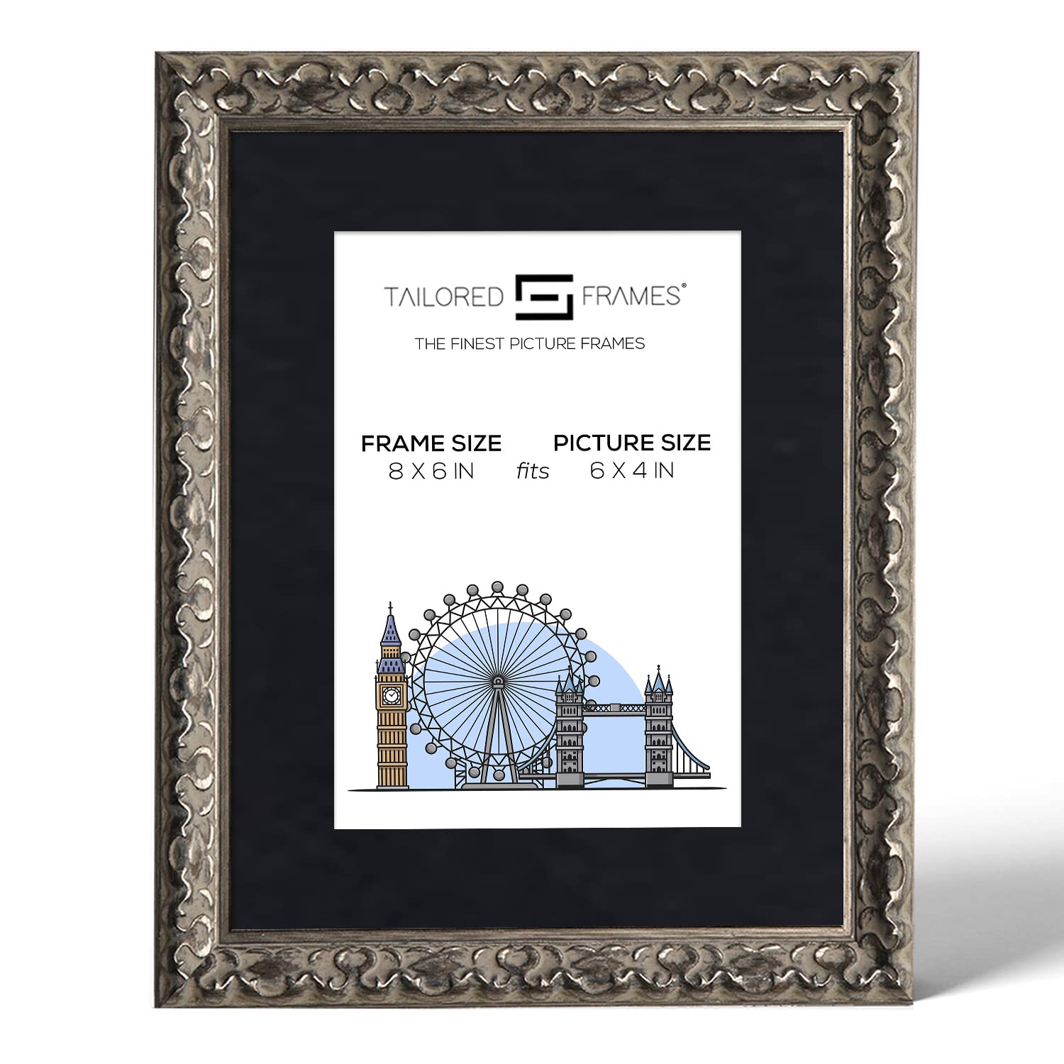 Tailored Frames Vienna Silver 8" X 6" Frame for 6" X 4" Picture | Rustic Style Vintage Single Picture Frame | Table Top & Wall Hanging Type | Photo Frame with Black Mount