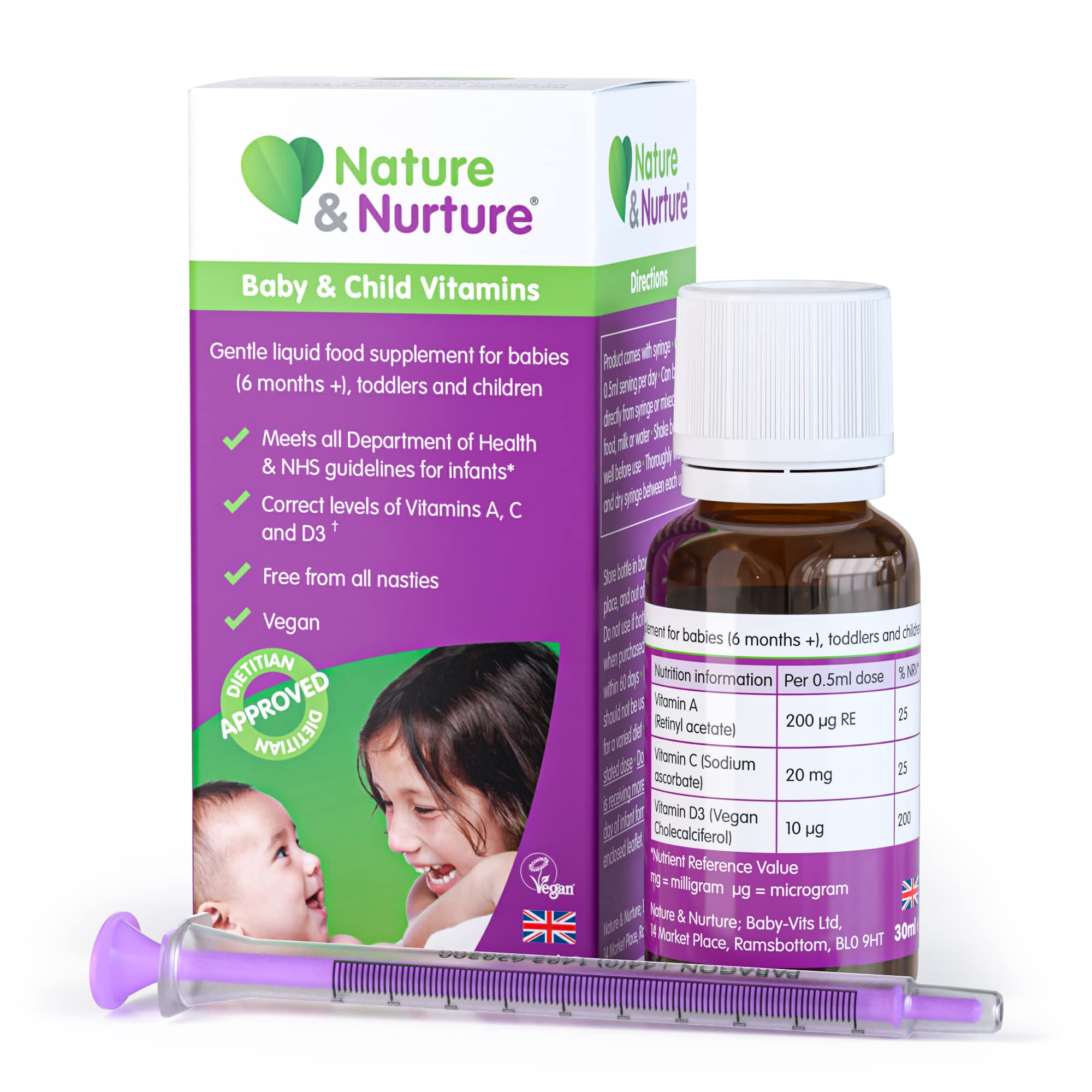 Award Winning Nature & Nurture Baby & Child Vitamins. The Vegan-Friendly Gentle Liquid multivitamin Drops for Babies, Toddlers and Children. Made in the UK. 60 Doses.