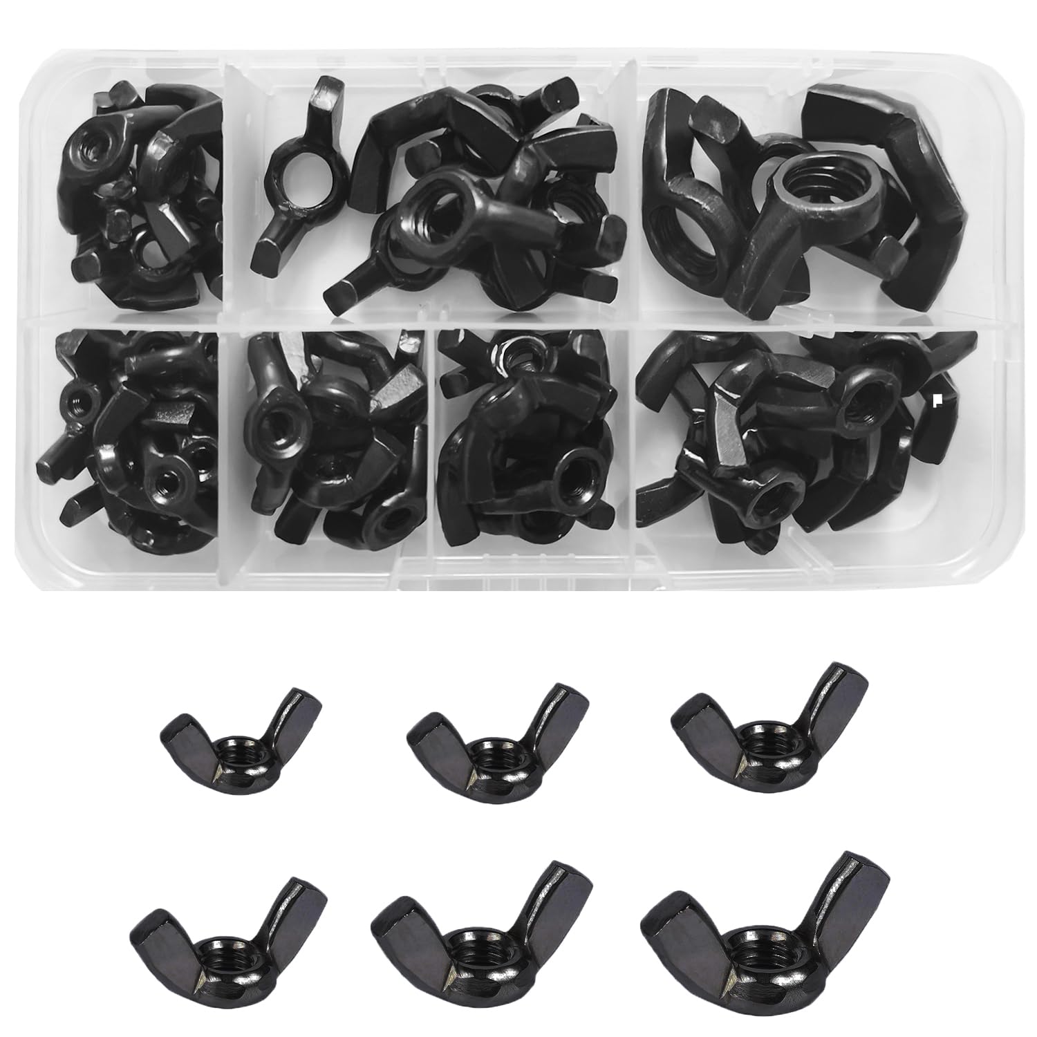 WeqeYent 64 Pcs Black M10/M8/M6/M5/M4/M3 Wing Nut Assortment Kit, Butterfly Wing Screw Nuts, Thumb Hand Screw Parts