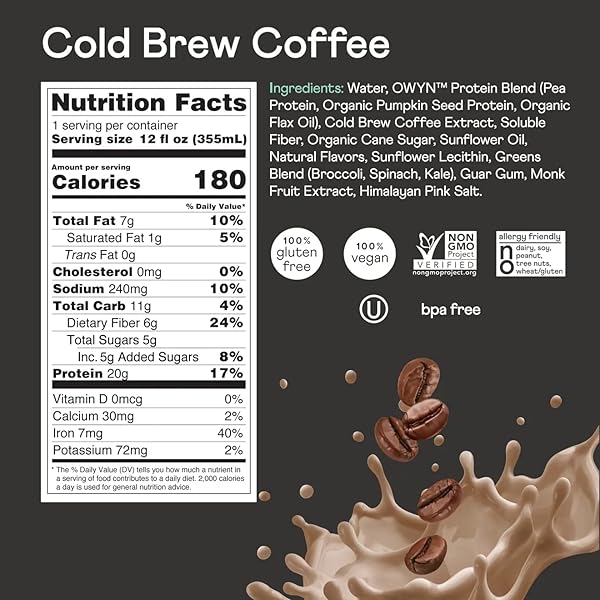 OWYN – 100% VEGAN PLANT-BASED PROTEIN SHAKES | COLD BREW COFFEE, 12 FL OZ | DAIRY-FREE, GLUTEN-FREE, SOY-FREE, TREE NUT-FREE, EGG-FREE, ALLERGY-FREE, VEGETARIAN, 1 COUNT
