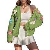ebossy Women's Ribbed Knit Cardigans Embroidery Aesthetic Pretty Flowers Applique Button Up Sweater Coat