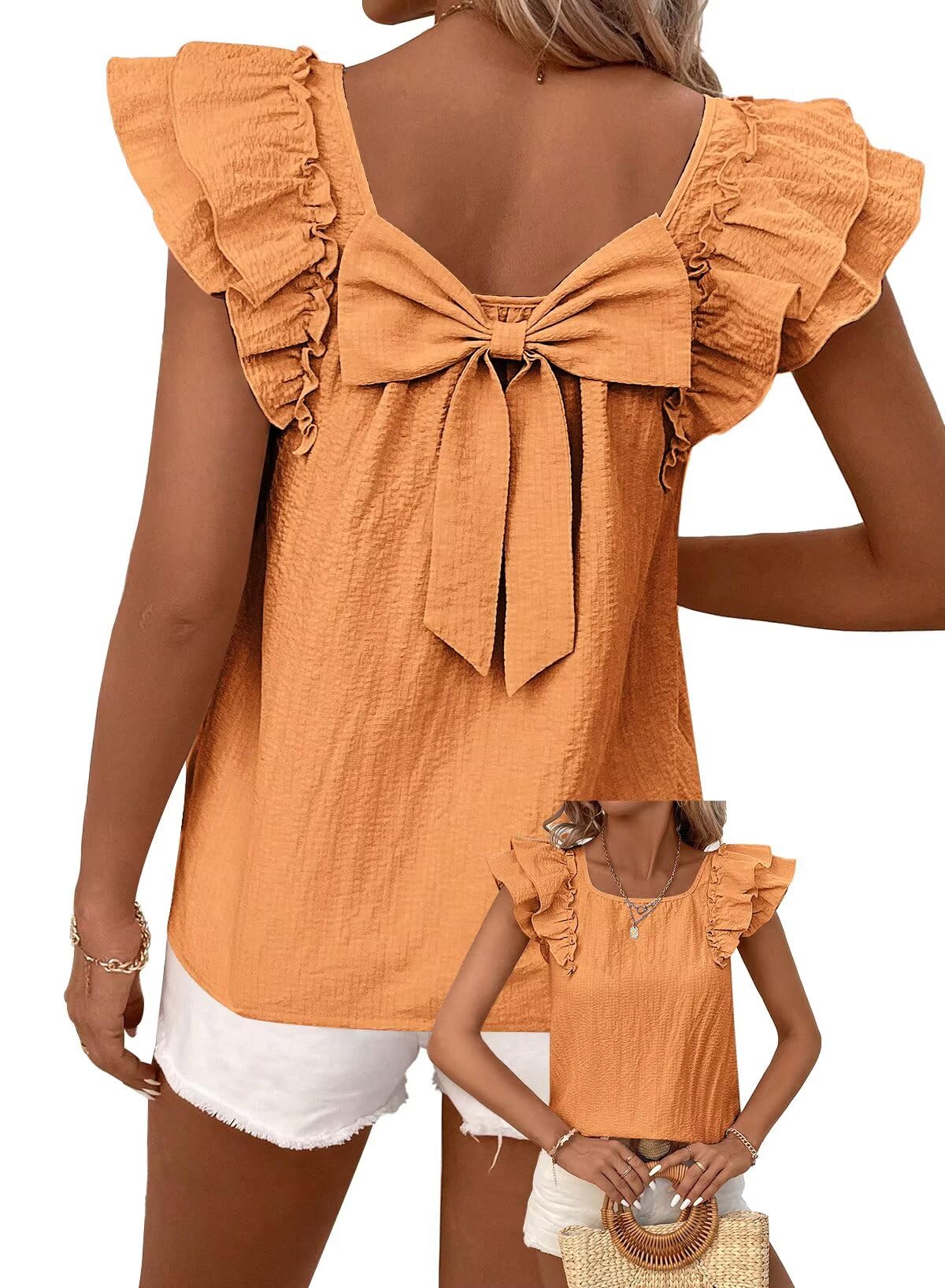 Photo 1 of Falechay Womens Tops Cute Going Out Round Neck Shirt 2025 Summer Trendy Women Blouse Babydoll Short Sleeve Bow Tie Top Puffed Hem Basic Tee Casual Ruffle Butterfly Sleeves Loose Fit Orange Tunic S