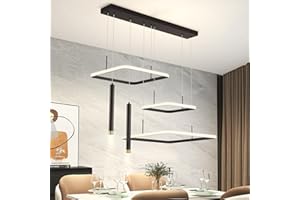 KELUOLY Modern LED Chandelier, 33.46" Dimmable 3 Ring Rectangles Dining Room Light Fixture, Black Island Lights 67w Height Adjust Adjusting Hanging Lights Suitable for Dining Table Kitchen Island