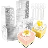 Slomg 100 Pack 5 oz Plastic Dessert Cups with Lids and Spoons, Disposable Square Parfait Shooter Pudding Jello Cups for Wedding Party, Clear Fruit Ice Cream Bowls for Yogurt Trifle Mousse Appetizer